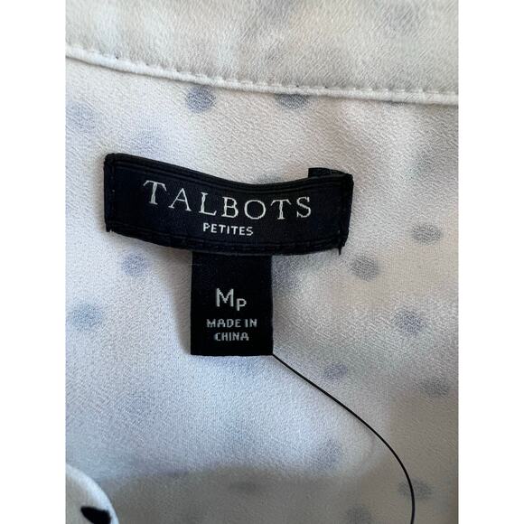 Talbots Blouse Sz MP NWT White Black Polka Dots 1/4 Button Long Sleeves Preppy - Picture 3 of 7